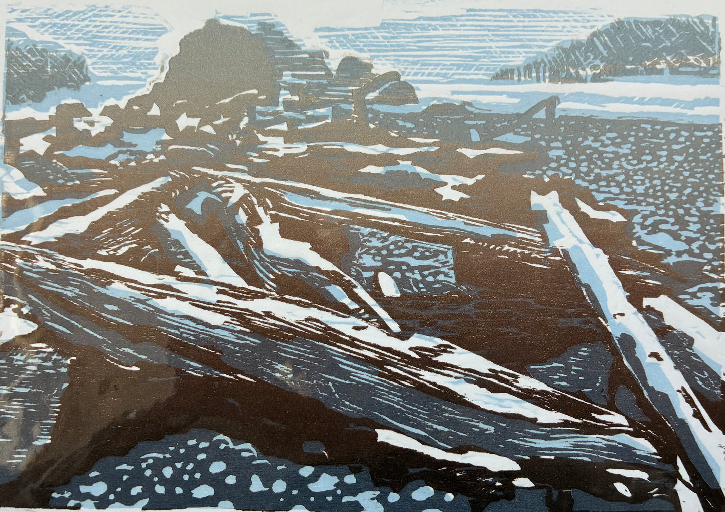 Driftwood construction 2, woodcut - Jessica Hartman
