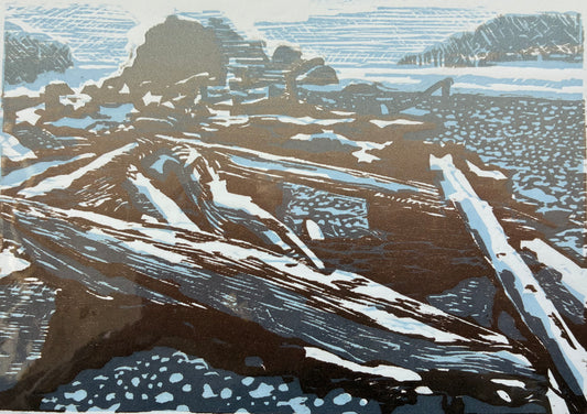 Driftwood construction 2, woodcut  - Jessica Hartman