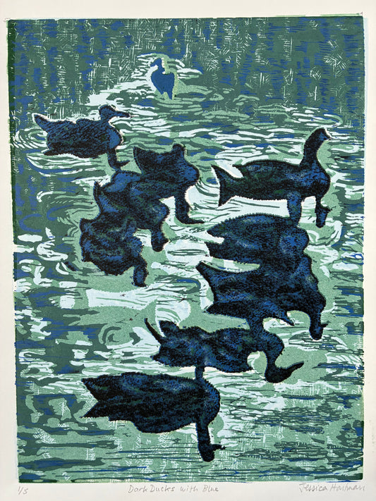 Dark Ducks with Blue, linocut - Jessica Hartman